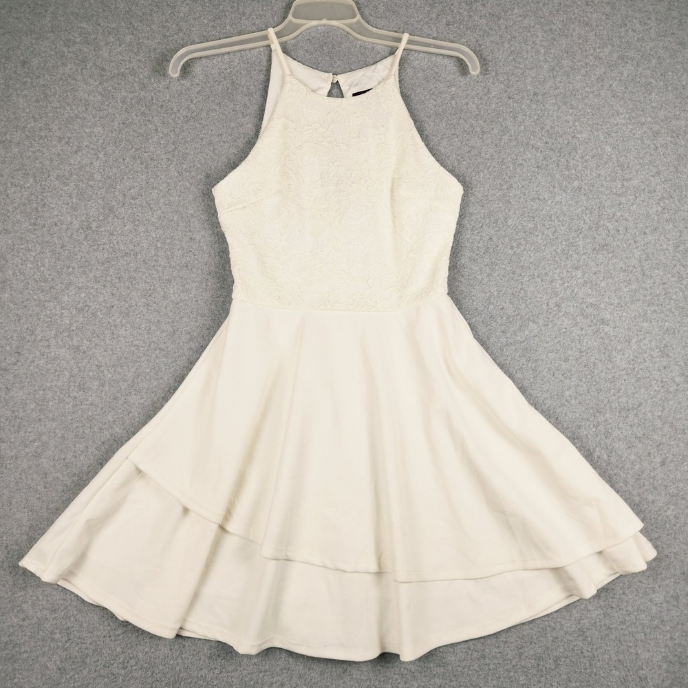 B. Smart Fit & Flare Dress Womens 5 Cream Lace Chic Tiered Skater Halter Neck